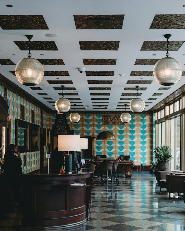 Patterned commercial wallcovering in a hotel lobby