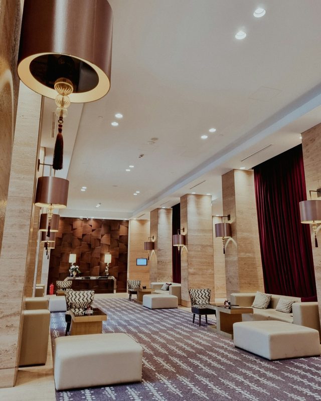 Textured wall panels in a commercial interior